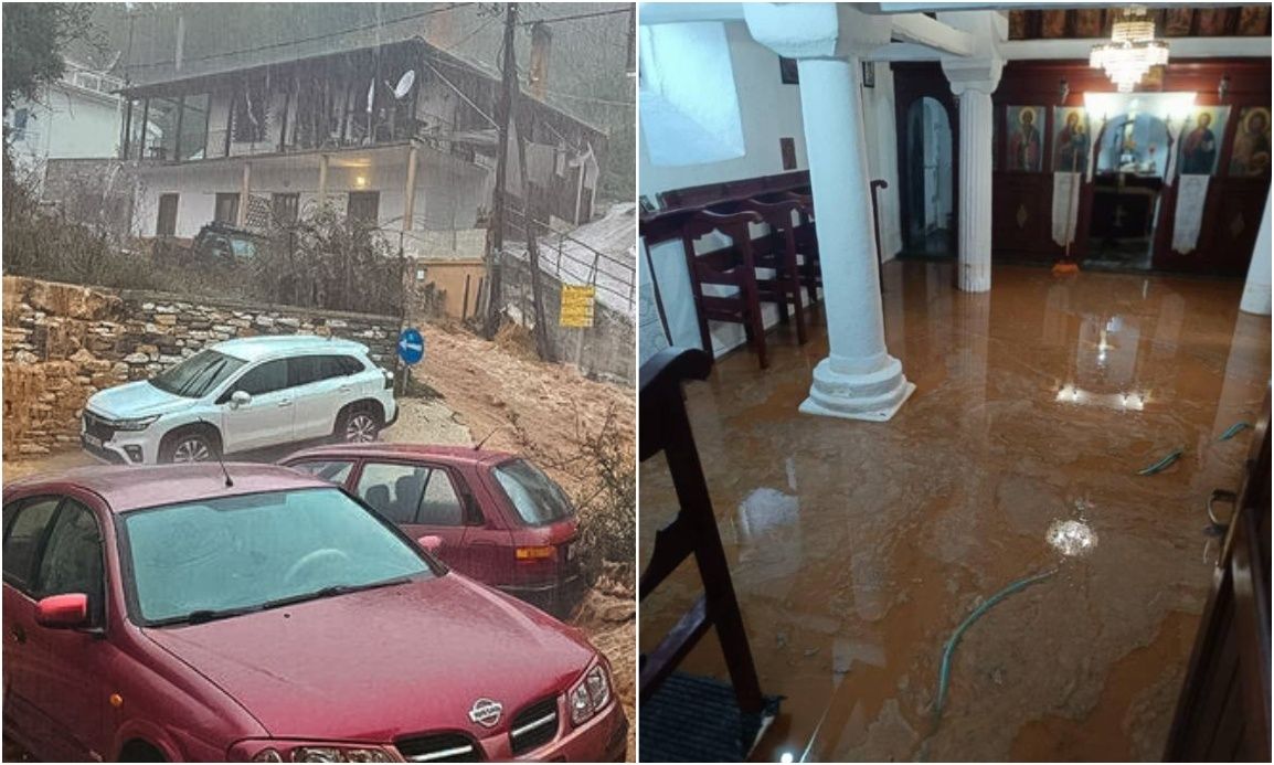 Θάσος: Καταστροφές σε Παναγία και Ποταμιά από τα νερά των χειμάρρων – Πλημμύρισε και εκκλησία