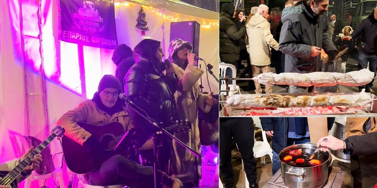 Ρεβεγιόν στους δρόμους για τους αγρότες: Στο μπλόκο της Νίκαιας έστησαν σούβλες με ζεστό κρασί και ζωντανή μουσική (ΦΩTO)