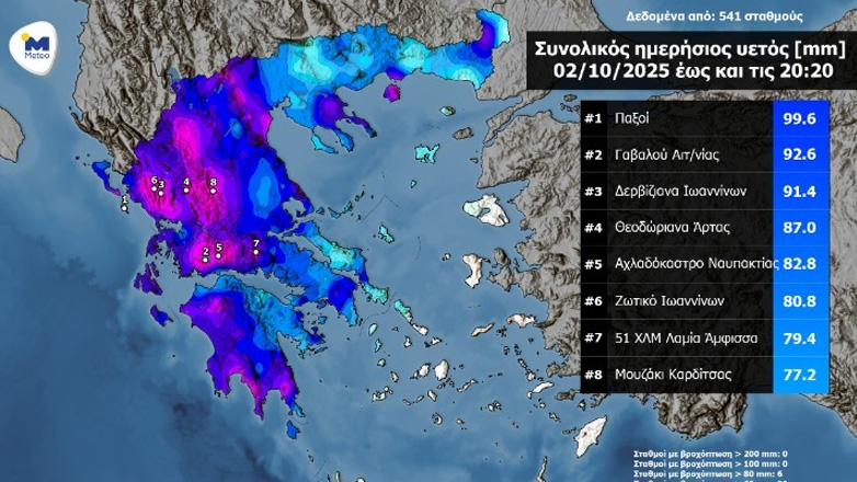 Στο Μουζάκι τα μεγαλύτερα ύψη βροχής στη Θεσσαλία, στους Παξούς σε όλη την Ελλάδα