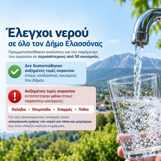 Έλεγχοι ποιότητας νερού σε όλο το Δήμο Ελασσόνας μετά την εμφάνιση ουρανίου στα Καλύβια