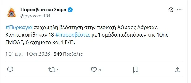 Λάρισα: Πυρκαγιά σε χαμηλή βλάστηση στην περιοχή Άζωρος Ελασσόνας